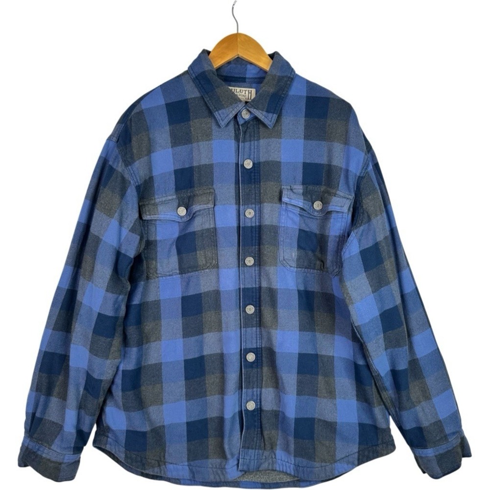 Duluth Trading Flapjack Flannel Shirt Jac Men L Blue Plaid Fleece Lined 31501